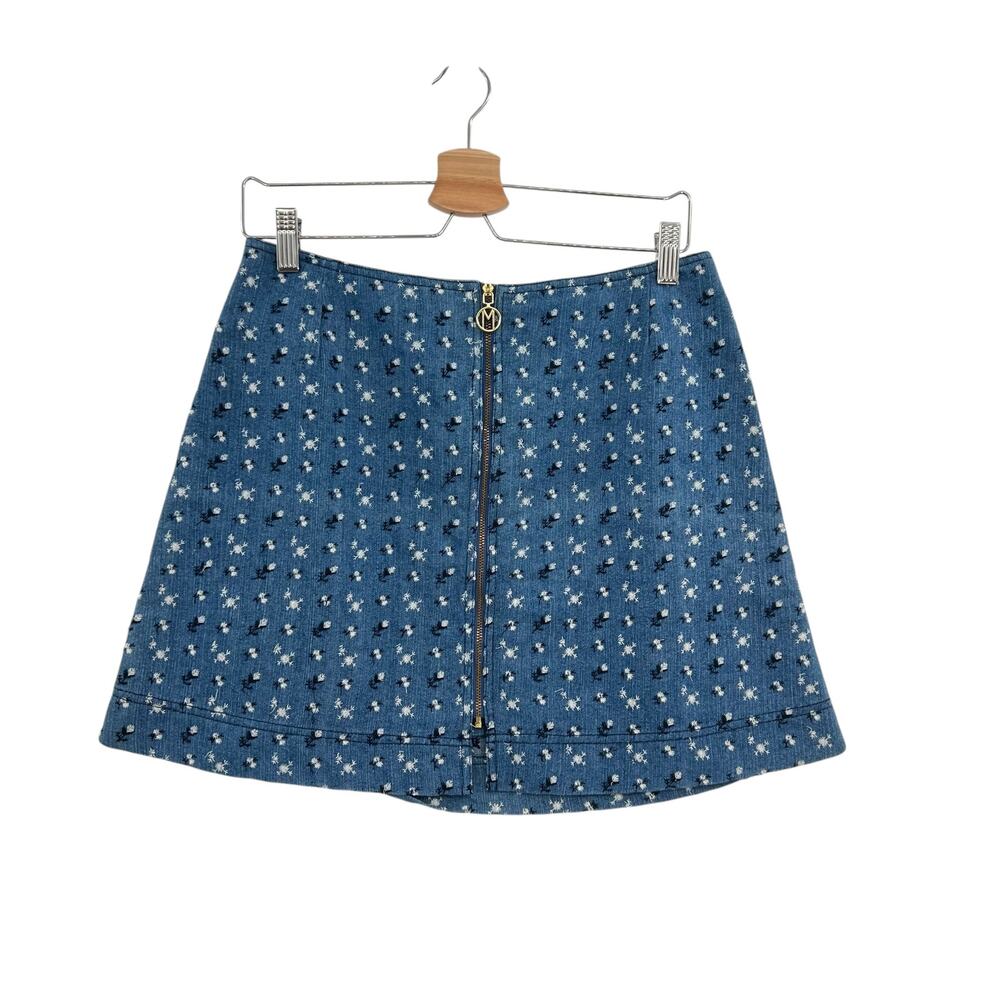 Manoush Mini Skirt Chambray Denim Embroidered Floral Zip Blue Size 42 US‎ 8